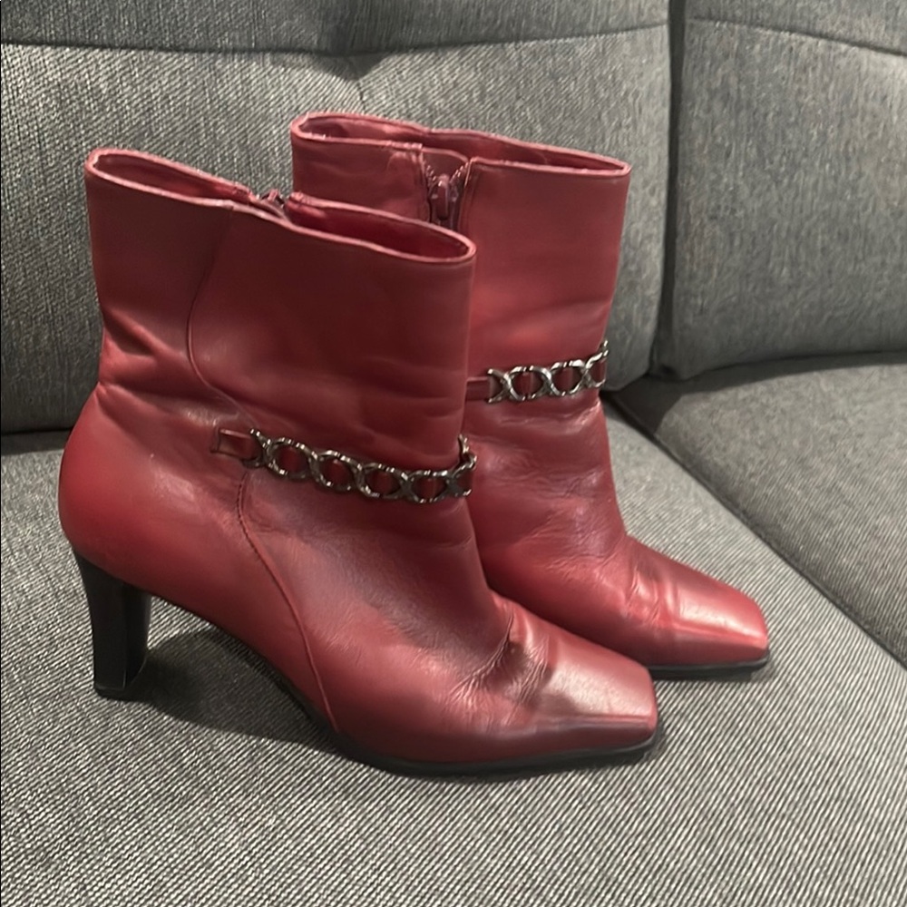 Sophisticated Red Leather Heeled Boots with Pointed Toe